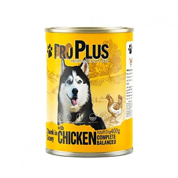 Pro Plus Premium Quality Dog Food – Chicken Chunks in Gravy, Complete Adult Nutrition, 400 g × 12 Cans