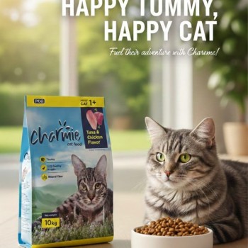 Charmie Adult Cat Food 10kg – Chicken & Tuna Flavor, High Protein, Taurine for Eye & Heart Health, Natural Fiber, Crunchy for Dental Care, 1+ Years