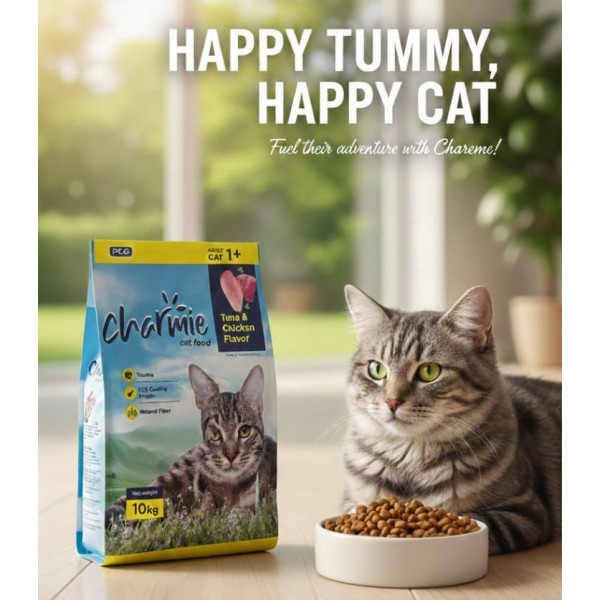 Charmie Adult Cat Food 10kg – Chicken & Tuna Flavor, High Protein, Taurine for Eye & Heart Health, Natural Fiber, Crunchy for Dental Care, 1+ Years