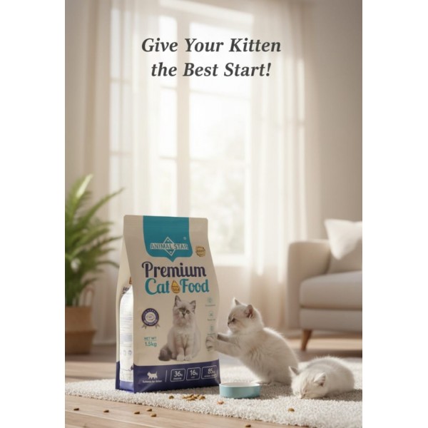 ANIMAL STAR Premium Dry Cat Food – Fish Flavor, 36% Protein, Omega 3 & 6, Hair & Skin Care, Strong Immunity, for Kittens & Adult Cats – 1.5kg