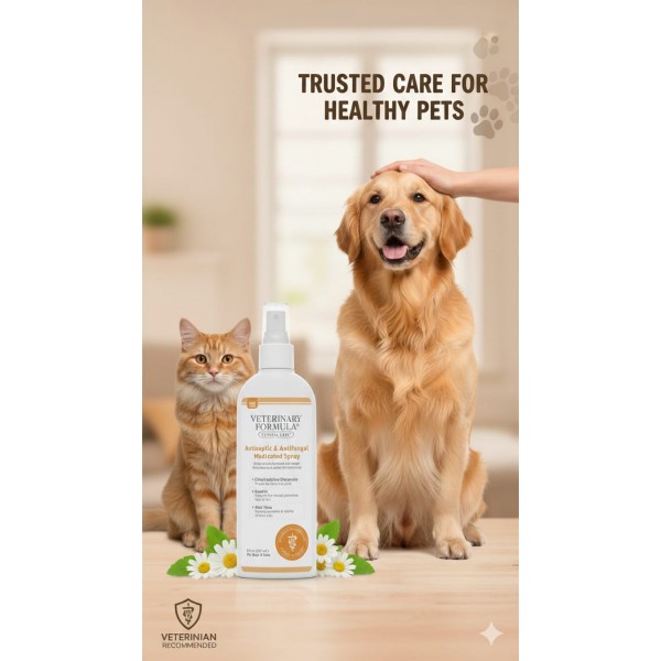 Veterinary Formula Clinical Care Antiseptic & Antifungal Medicated Spray for Dogs & Cats, 8 fl oz (237 mL) – Chlorhexidine 0.5%, Aloe Vera & Keratin, Treats Ringworm, Allergies, Dermatitis & Minor Wounds