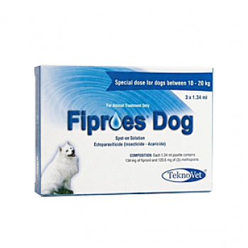 Fiproes Dog 1.34 ml Spot-on Solution for Dogs 10–20 kg – Flea, Tick & Lice Treatment, Prevents Allergic Dermatitis, Fipronil & (S)-Methoprene Ectoparasiticide, Tekno Vet 3 Pipettes Pack