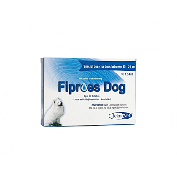 Fiproes Dog 1.34 ml Spot-on Solution for Dogs 10–20 kg – Flea, Tick & Lice Treatment, Prevents Allergic Dermatitis, Fipronil & (S)-Methoprene Ectoparasiticide, Tekno Vet 3 Pipettes Pack