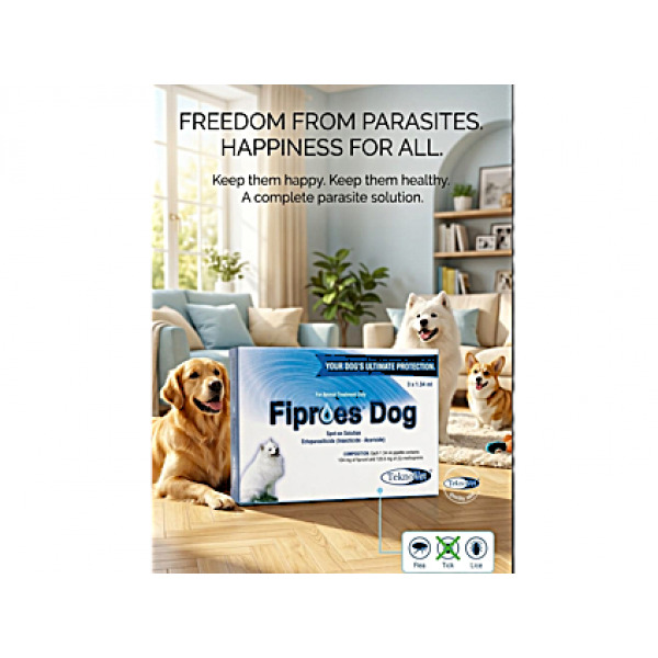 Fiproes Dog 1.34 ml Spot-on Solution for Dogs 10–20 kg – Flea, Tick & Lice Treatment, Prevents Allergic Dermatitis, Fipronil & (S)-Methoprene Ectoparasiticide, Tekno Vet 3 Pipettes Pack
